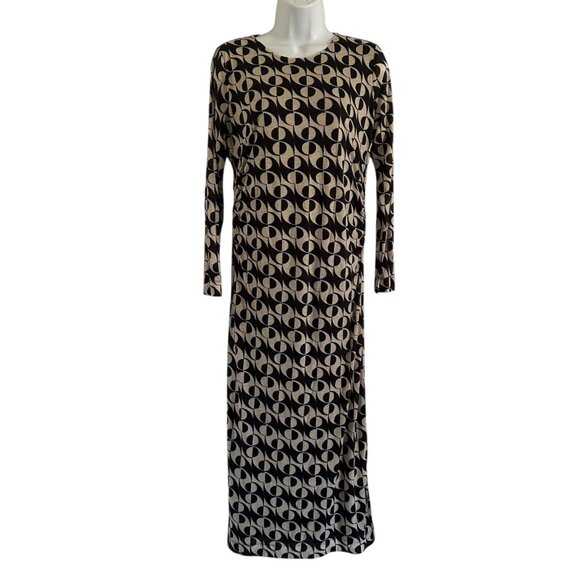 Oliver Bonas dress UK10 US 6 knit black tan graphic print maxi long sleeve lined - Picture 1 of 15